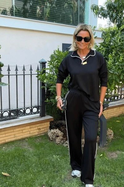 Set de bluză și pantaloni cu guler și mânecă lungă pentru femei, cu detalii cu dungi subțiri, 39331