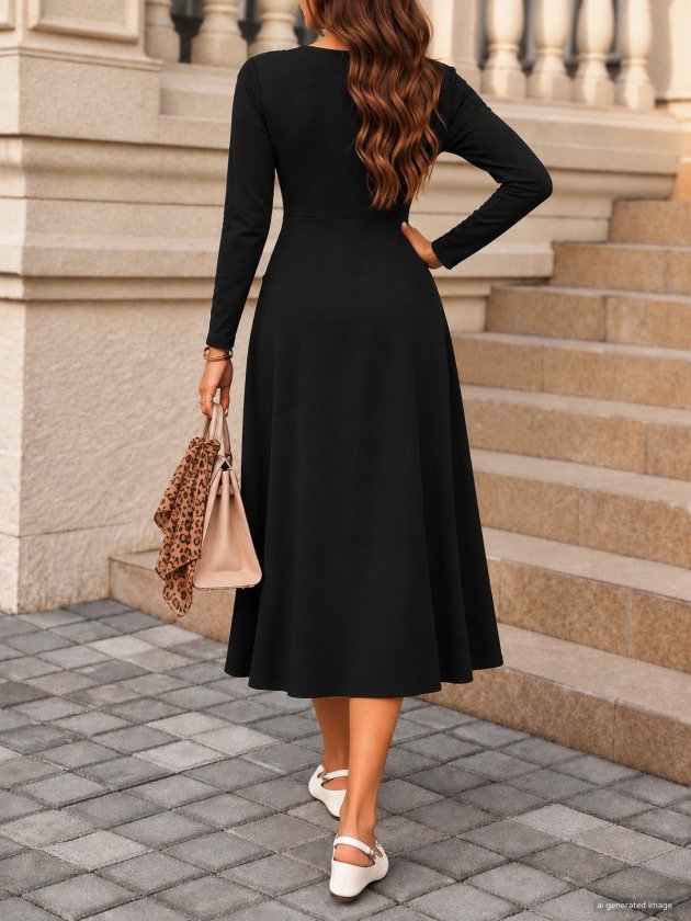 Rochie midi din crep importat, cu mânecă lungă, decolteu în V și detaliu cu nasturi, pentru femei, 39338