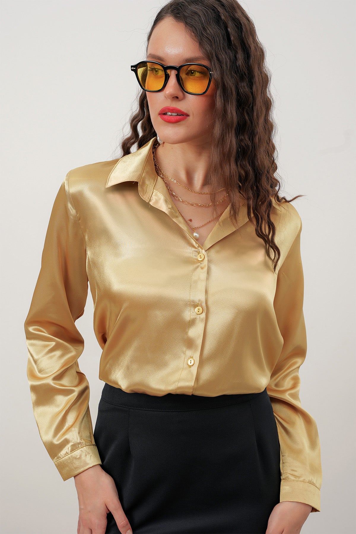3964 Lightly Draped Satin Shirt - Gold