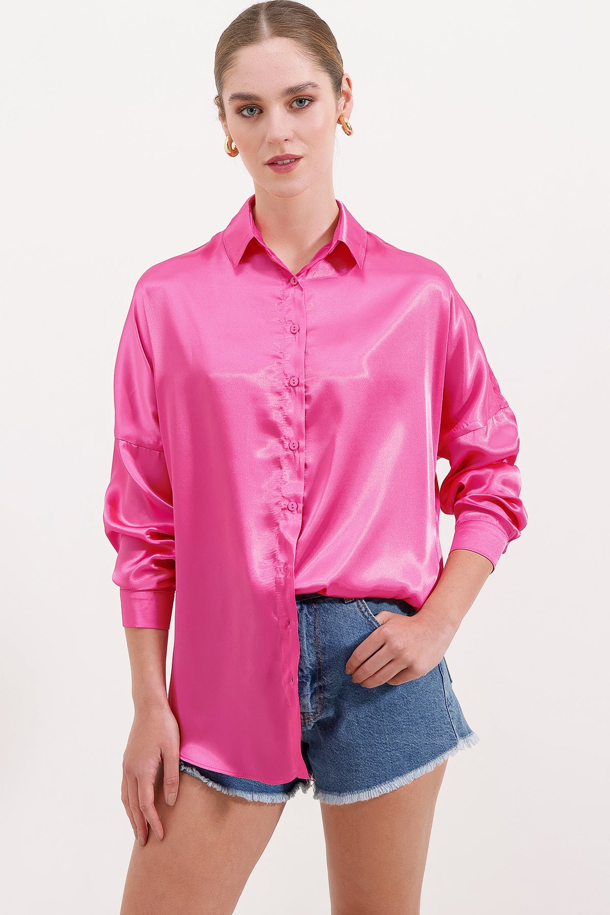3985 Oversize Saten Gömlek - Fuşya