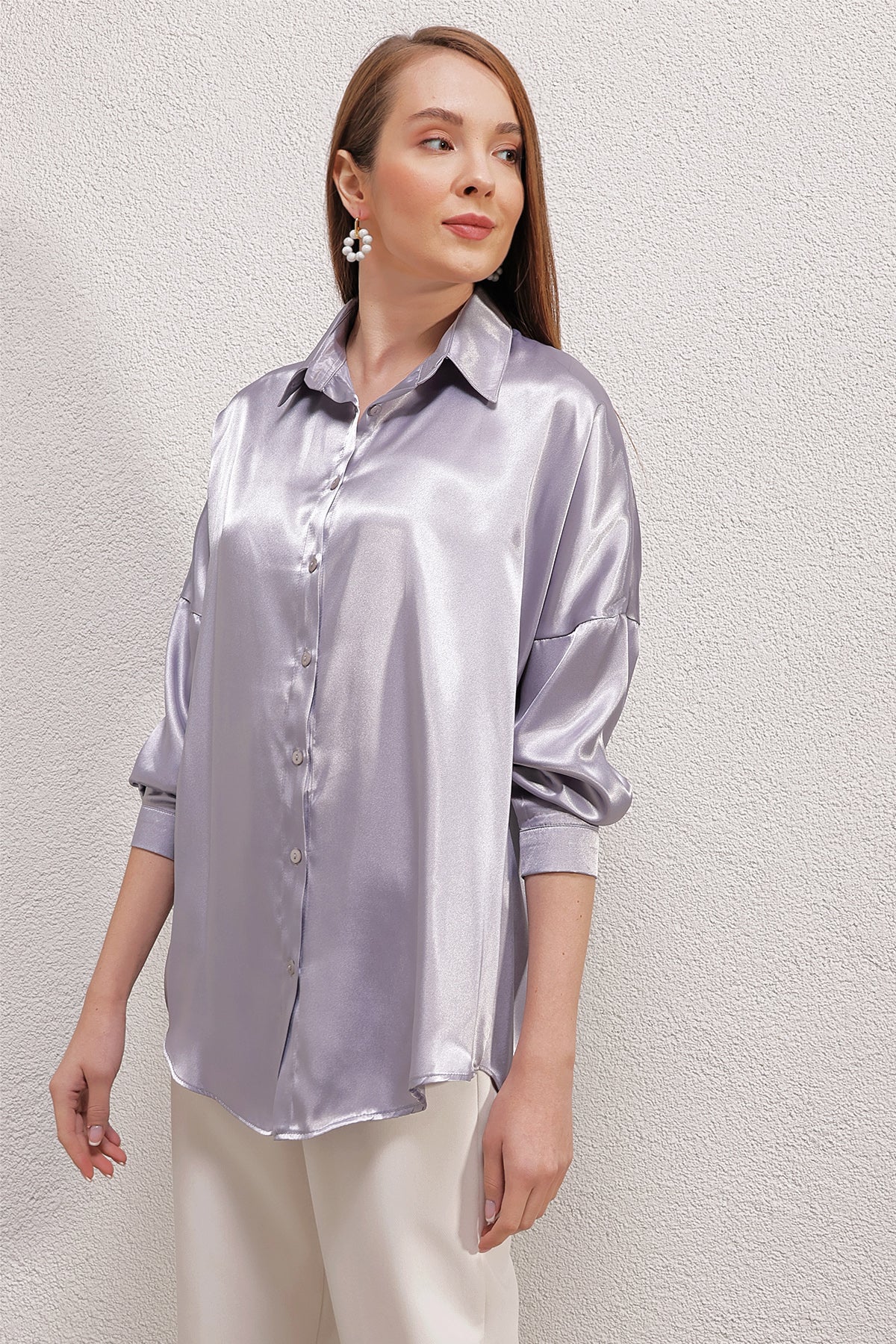 3985 Cămașă Satin Oversize - Lilac