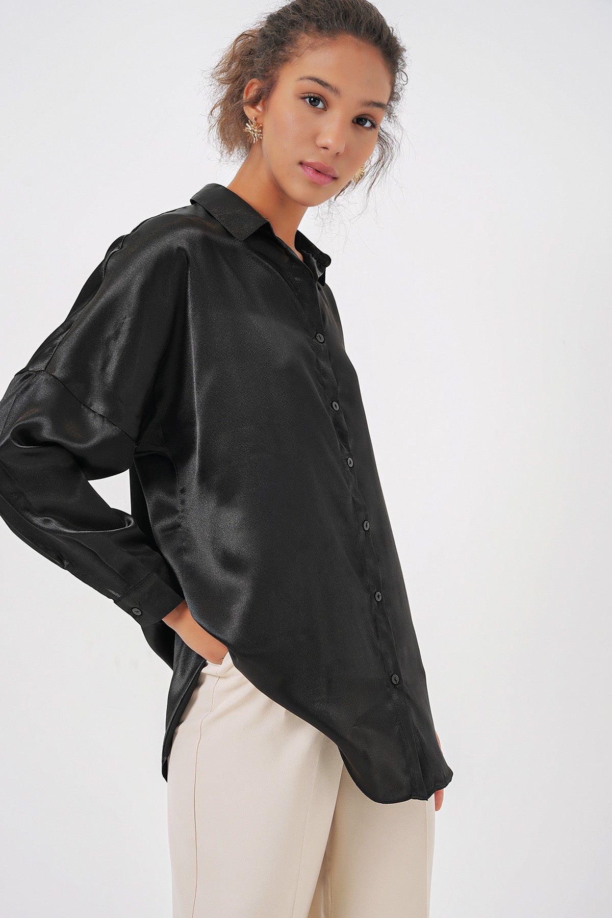 Oversize Saten Gömlek - Siyah