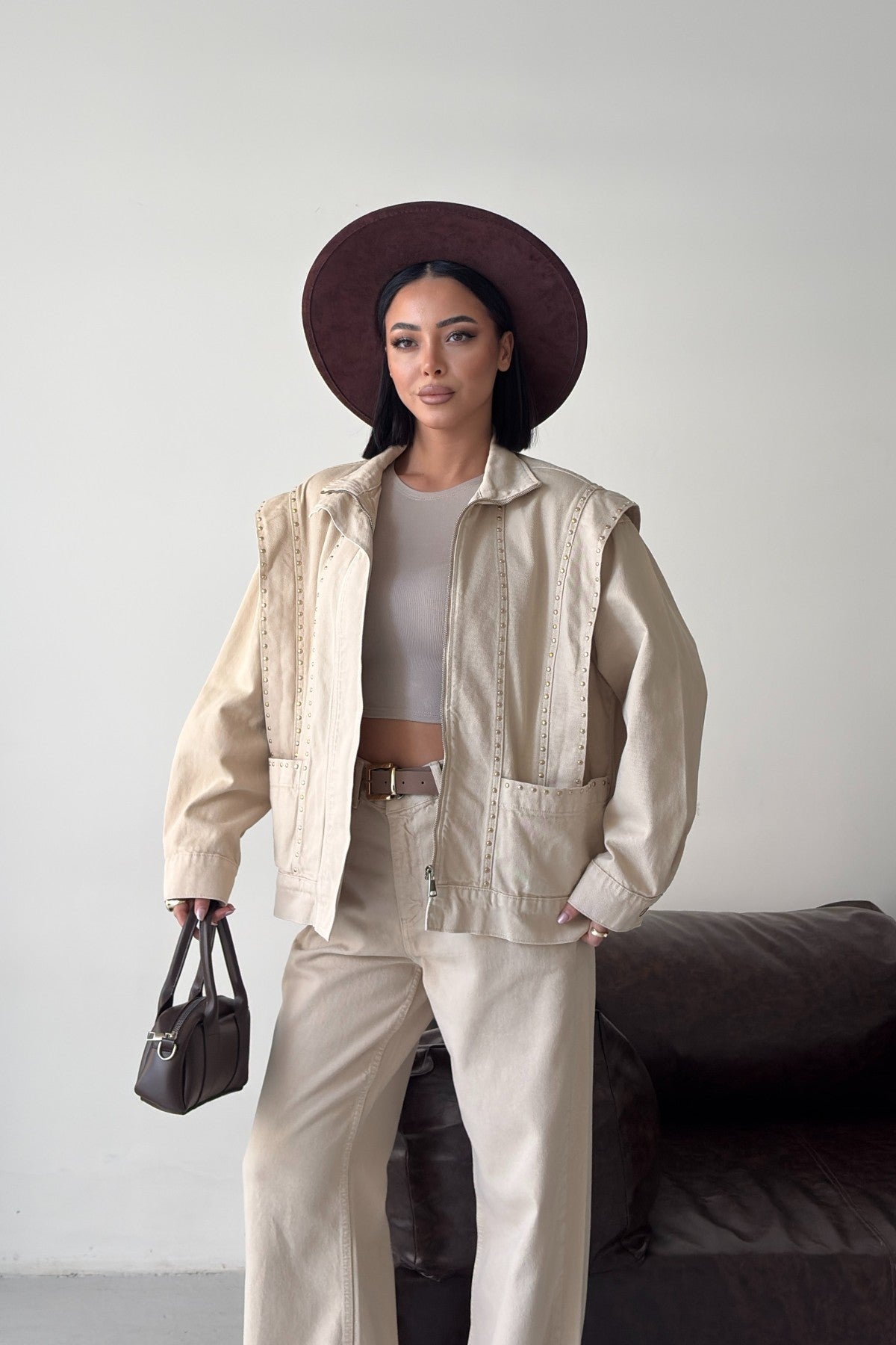 Jachetă Denim Detaliu cu Fermoar 6253
