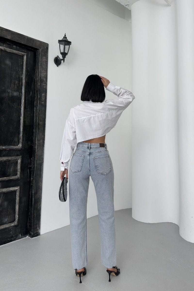 Pantalon Denim Mom Fit cu Banda Pietre 7110