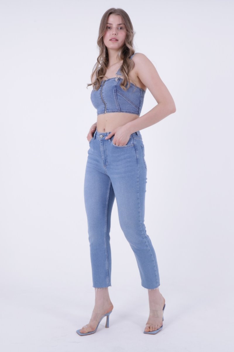 Pantaloni Denim Mom Fit cu Crac fara Cusaturi 764
