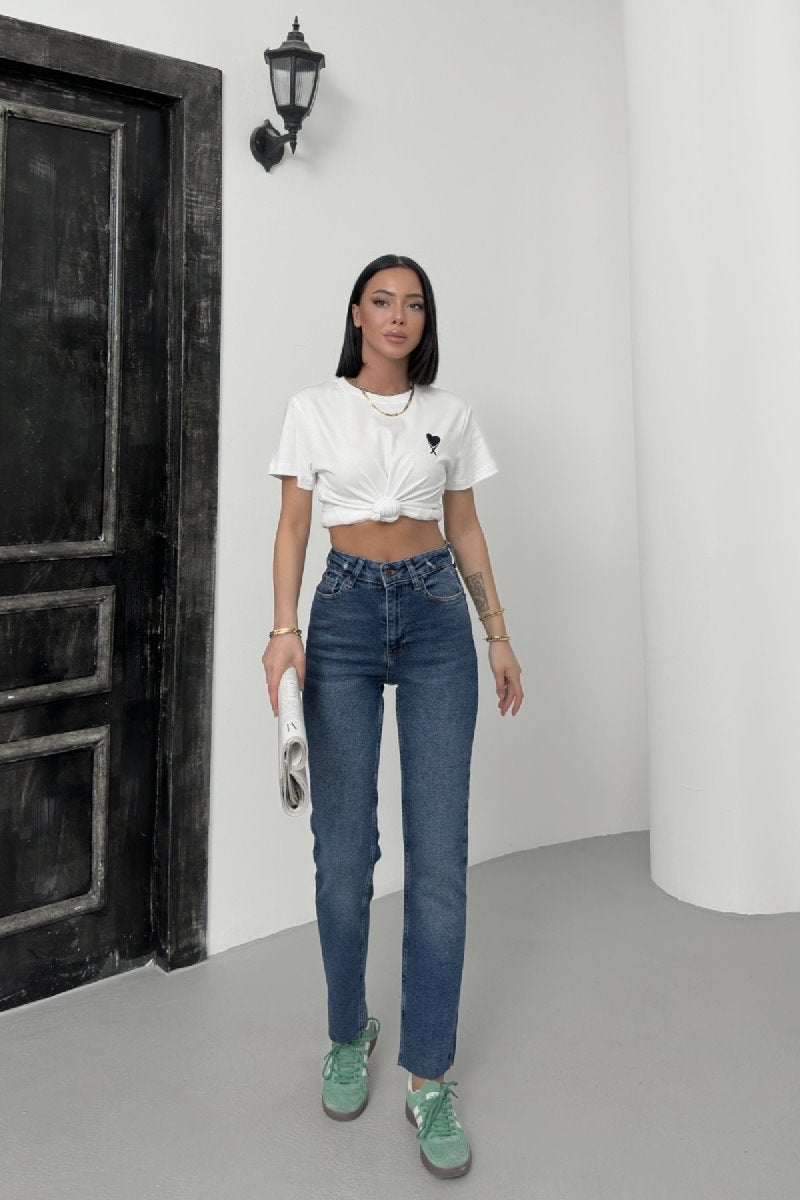 Pantaloni Denim Mom Fit cu Crac fara Cusaturi 764