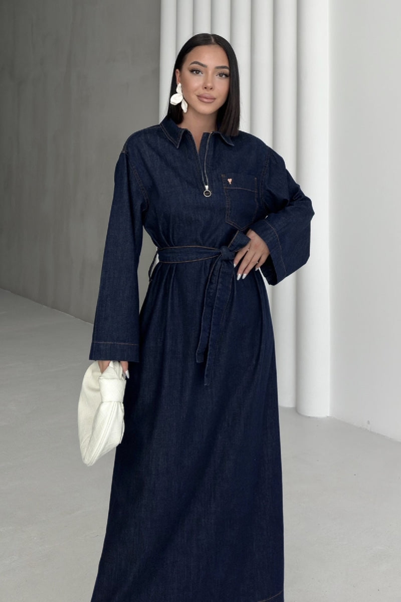 Rochie Denim Lunga cu Curea 3035