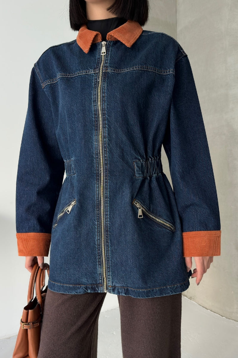 Jachetă Denim cu Fermoar și Detalii din Catifea 6129