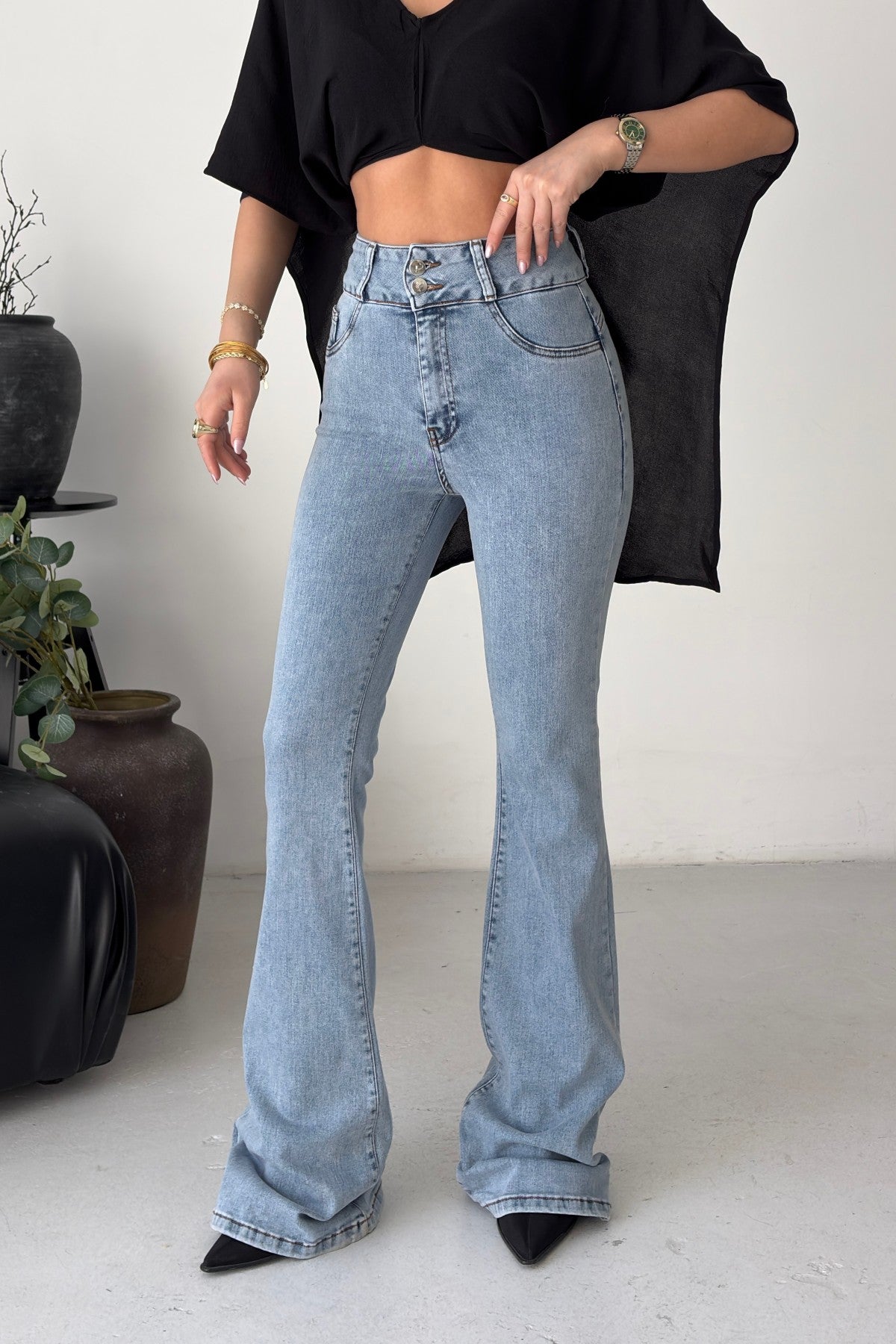 Pantaloni Denim cu Curea Lată și Pense 7151