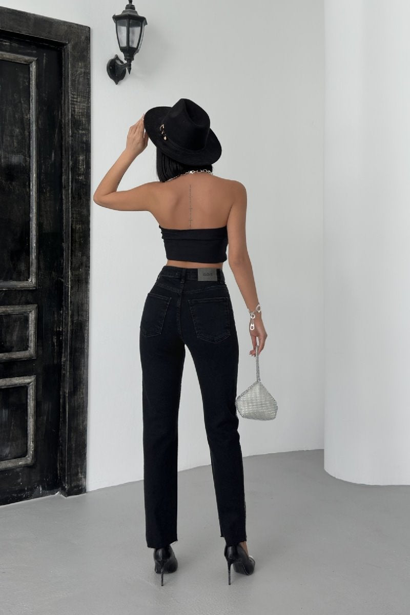 Pantalon Denim Mom Fit cu Pietre 7092