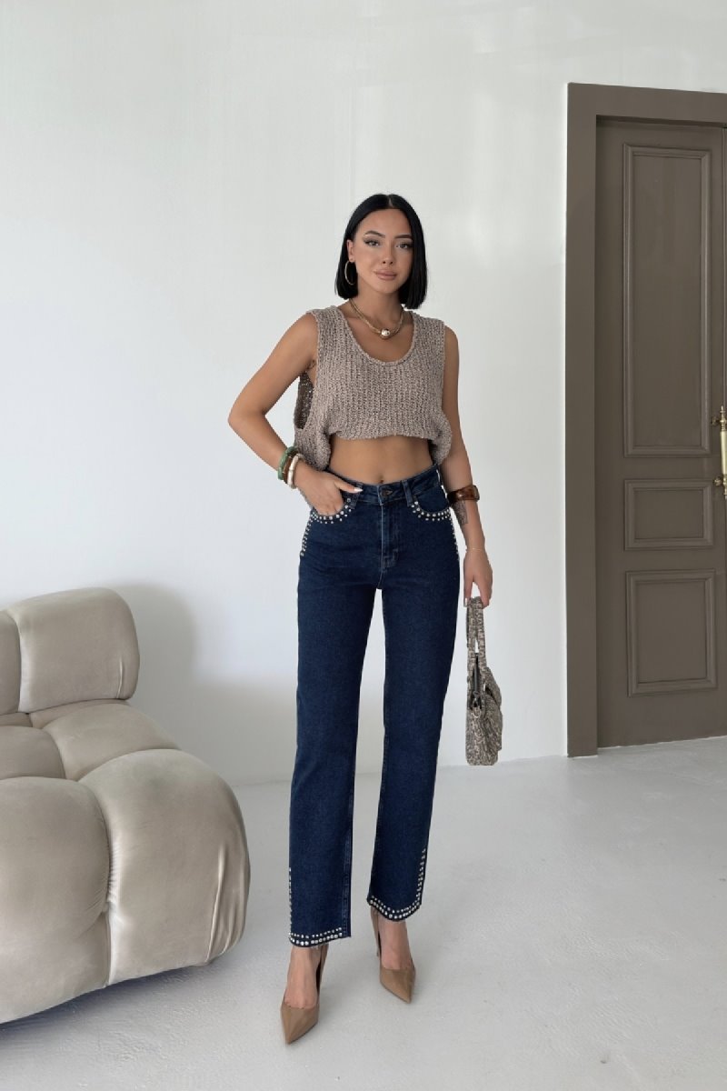 Pantalon Denim Mom Fit cu Pietre 7023