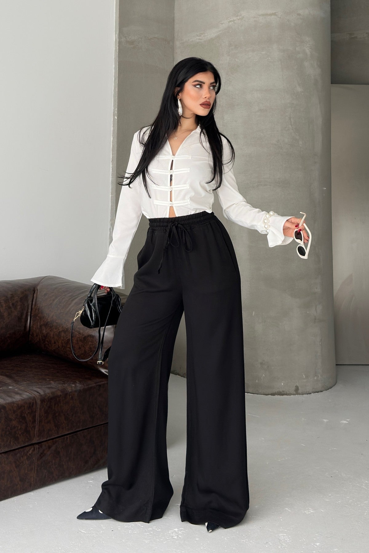 Pantaloni Palazzo cu Talie Elastică 7150