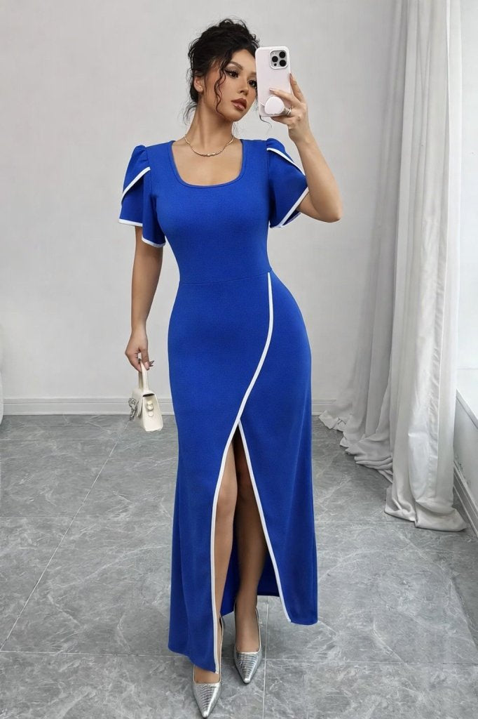 Women's Short Sleeve Square Neck Crepe Dress with Front Crossover Detail, 31402