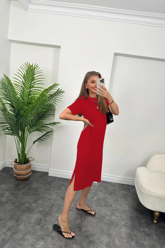 Women's Short Sleeve Slit Detail Loose Viscose Dress, 32712