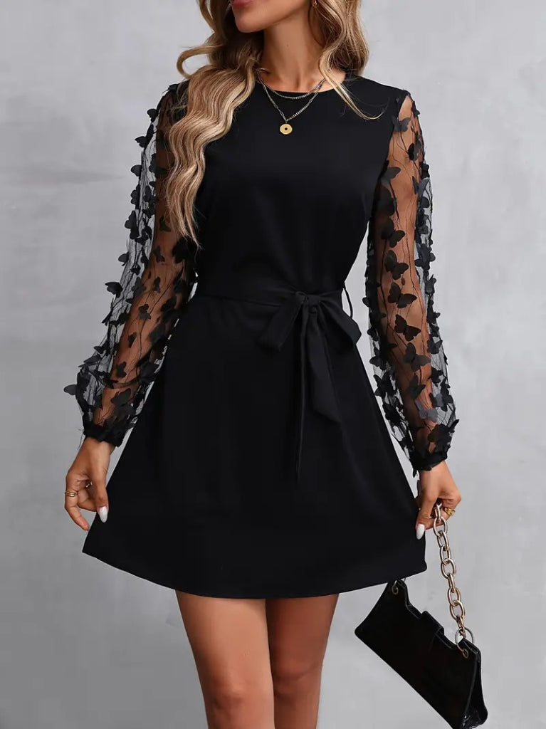 Rochie de damă cu mânecă lungă, guler rotund, mâneci din tul și detalii fluture, rochie din crep importat, 34759