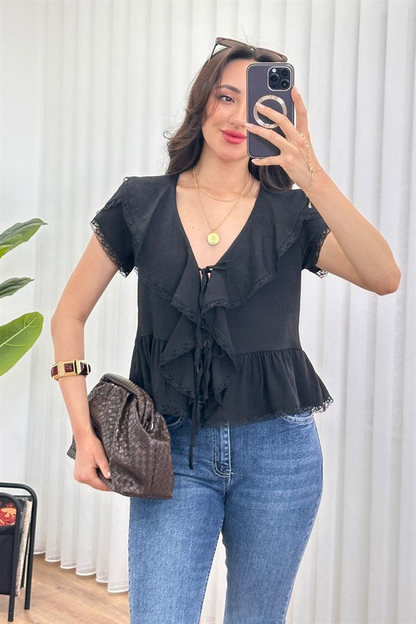 Bluza de Toptan Neagră cu Legătură Detaliu Dantelă