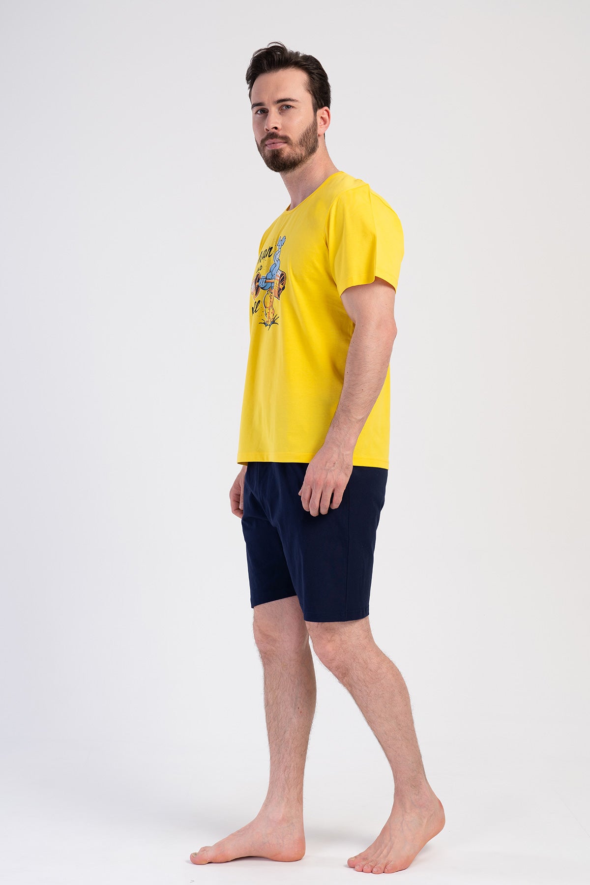 SET DE TRENING BĂRBAȚI CU BUZUNARE P.SUPREM MĂRIMEA XXL, CU GULER ROTUND, MÂNECĂ SCURTĂ ȘI PANTALONI SCURȚI - GALBEN