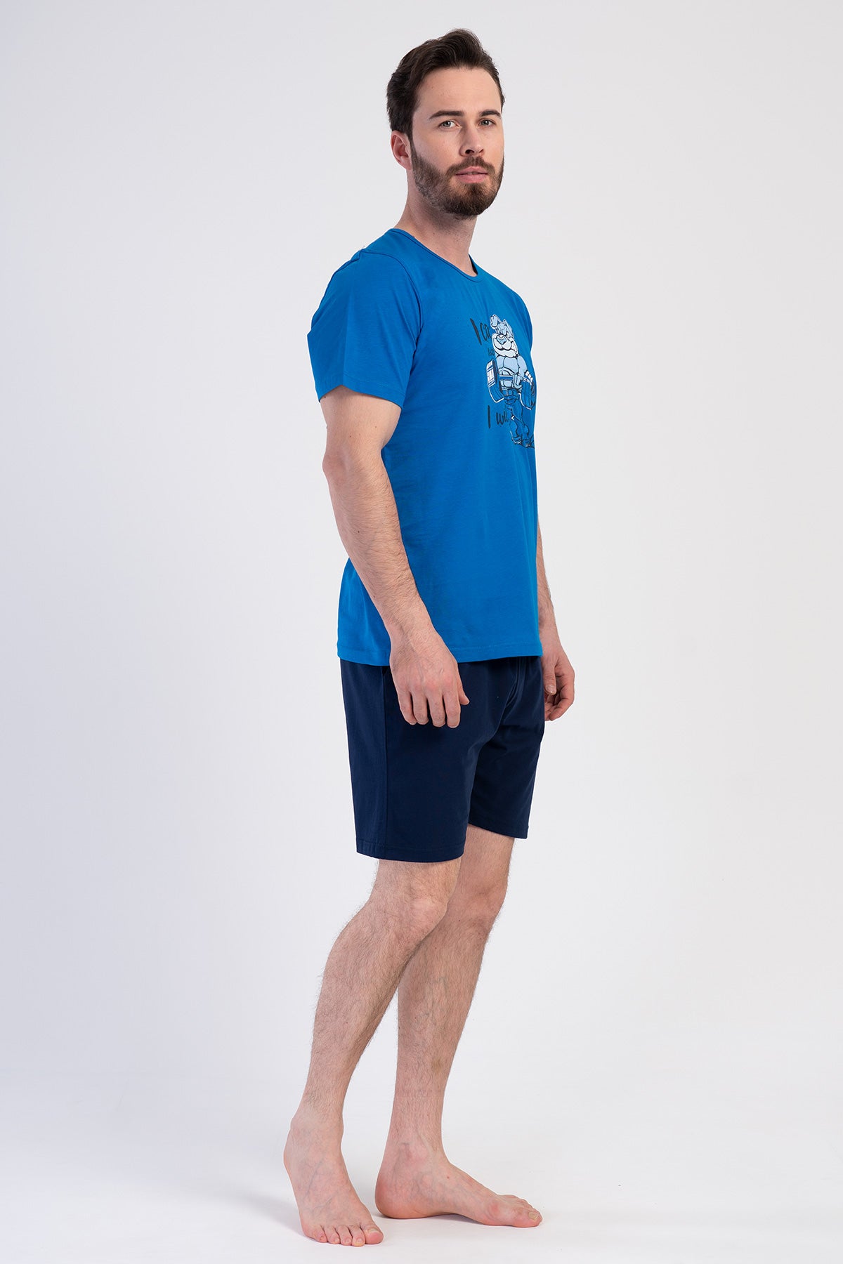 SET PANTALONI SCURȚI BĂRBĂTEȘTI CU BUZUNARE P.SUPREM MĂRIMEA XXL GULER ROTUND MÂNECĂ SCURTĂ - SAX