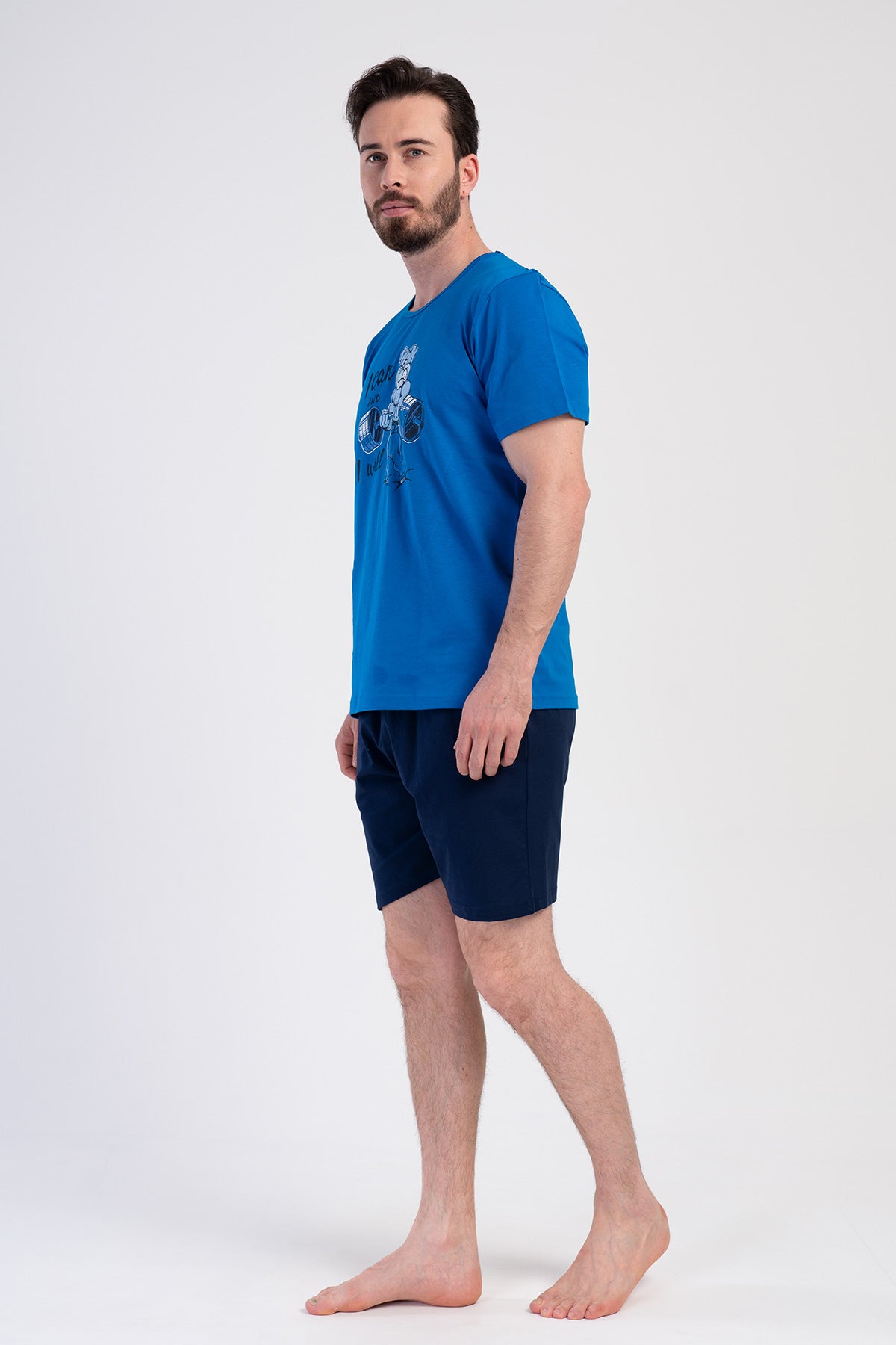 SET PANTALONI SCURȚI BĂRBĂTEȘTI CU BUZUNARE P.SUPREM MĂRIMEA XXL GULER ROTUND MÂNECĂ SCURTĂ - SAX