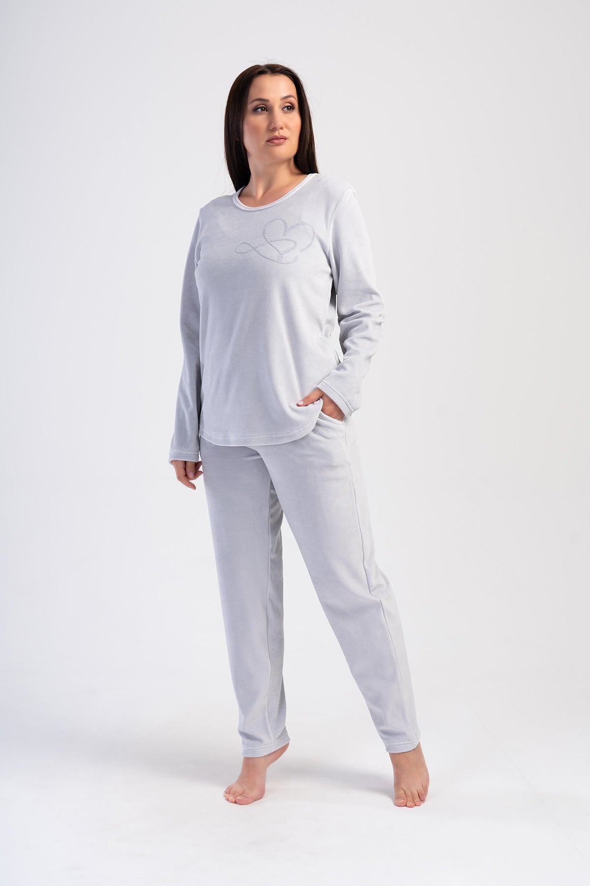 SET PIJAMA DAMA CATIFEA XXL, GULER ROTUND, MÂNECĂ LUNGĂ, TIV OVAL, CU BUZUNARE - CULOAREA PIETREI