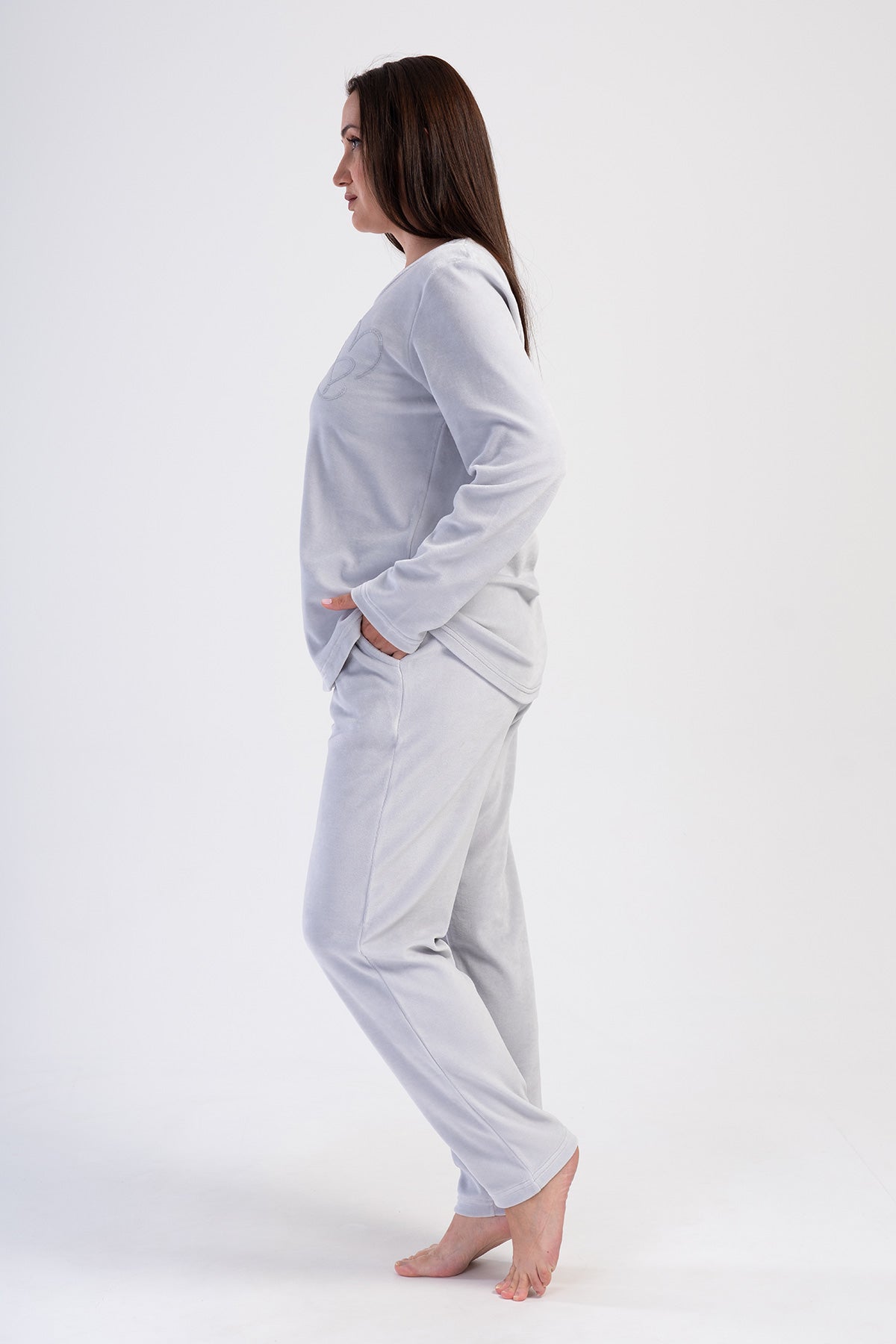 SET PIJAMA DAMA CATIFEA XXL, GULER ROTUND, MÂNECĂ LUNGĂ, TIV OVAL, CU BUZUNARE - CULOAREA PIETREI