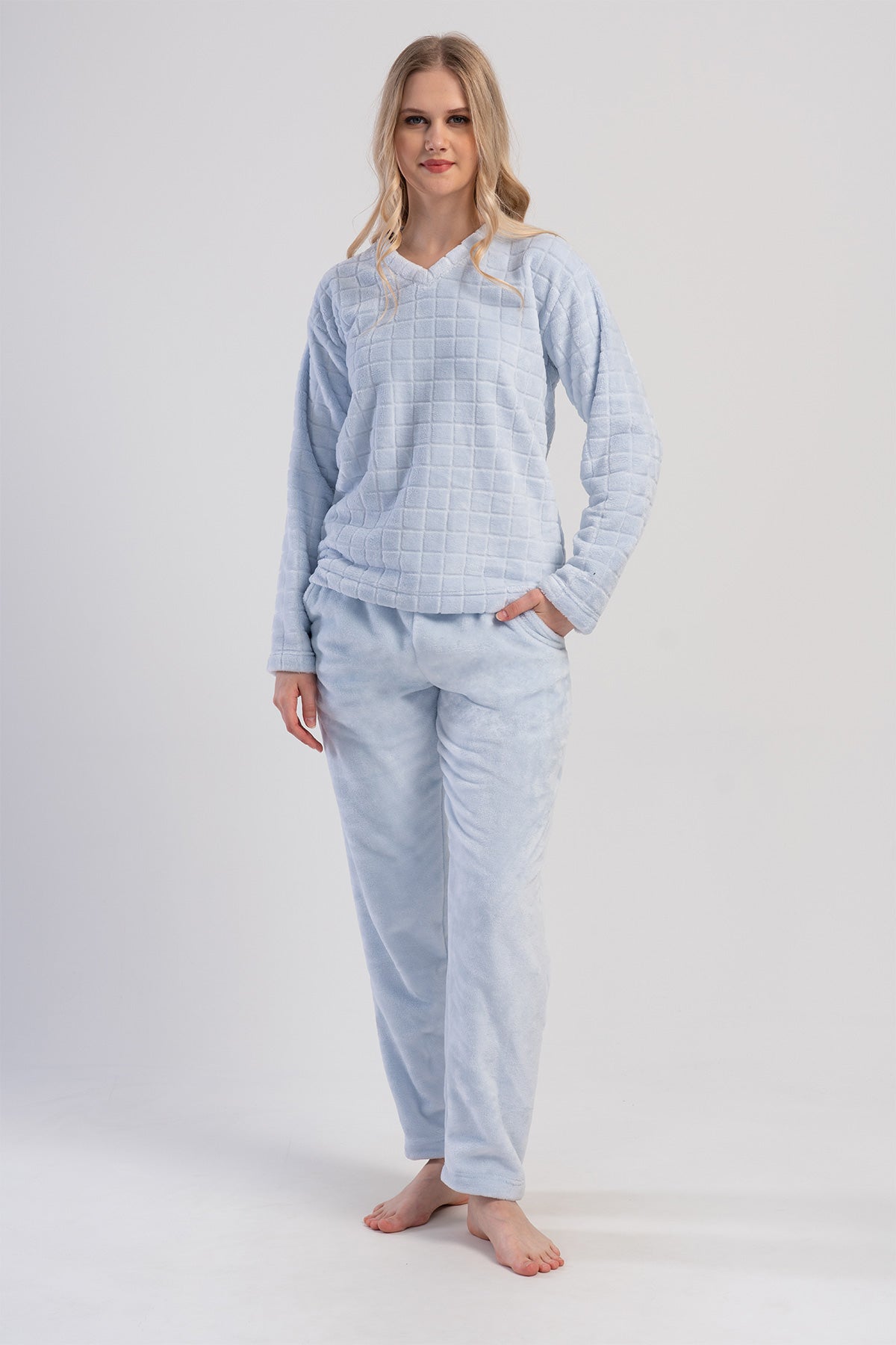 SET PIJAMA DE DAMĂ J.ULTRASOFT CU MÂNECĂ LUNGĂ, GÂT ÎN V, CU BUZUNARE - ALBASTRU