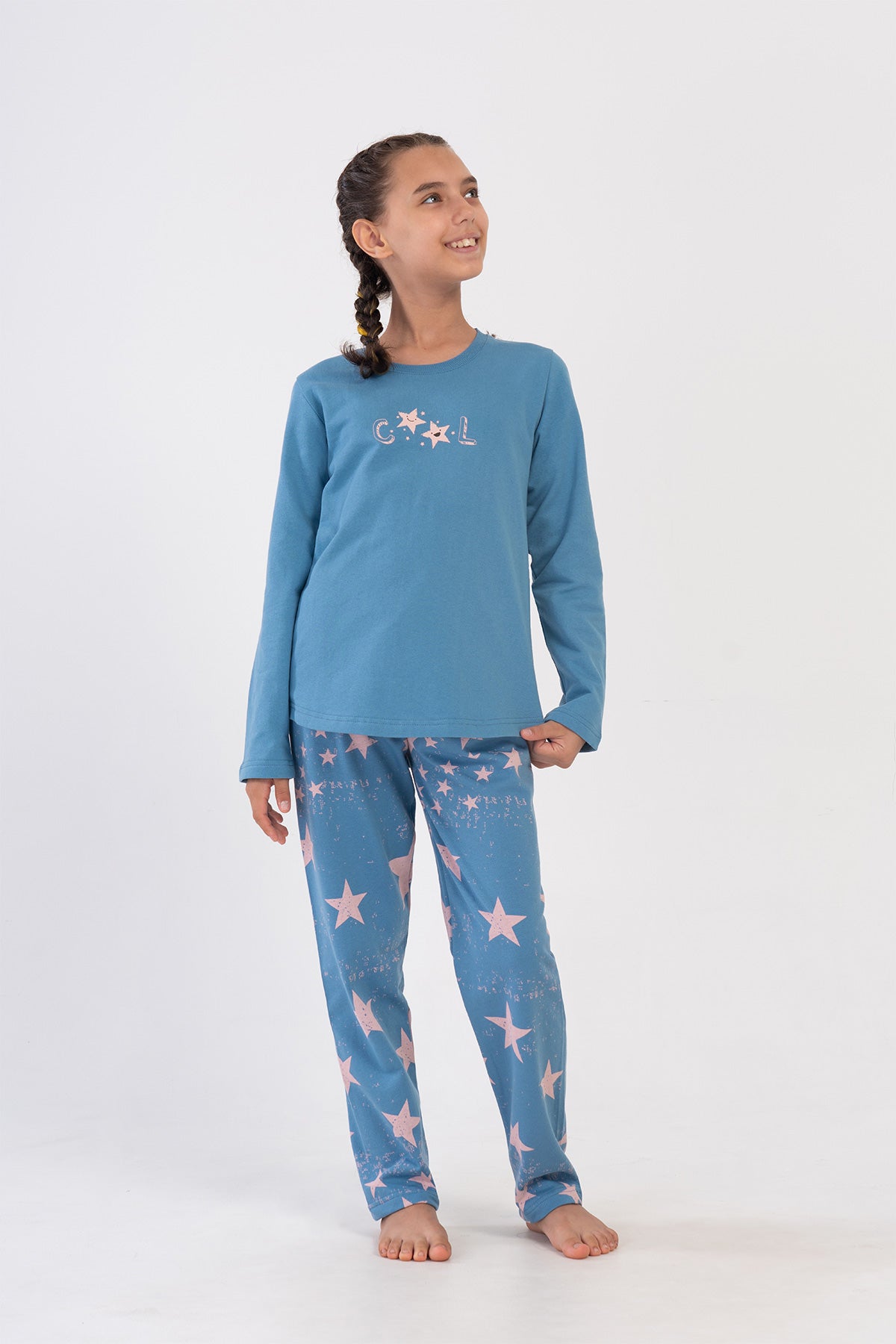 SET PIJAMA FATA, DIN DOUA FIRE, DECOLTEU ROTUND, MANECA LUNGA, MARGINE OVALA (9-10/15-16) - ALBASTRU DESCHIS