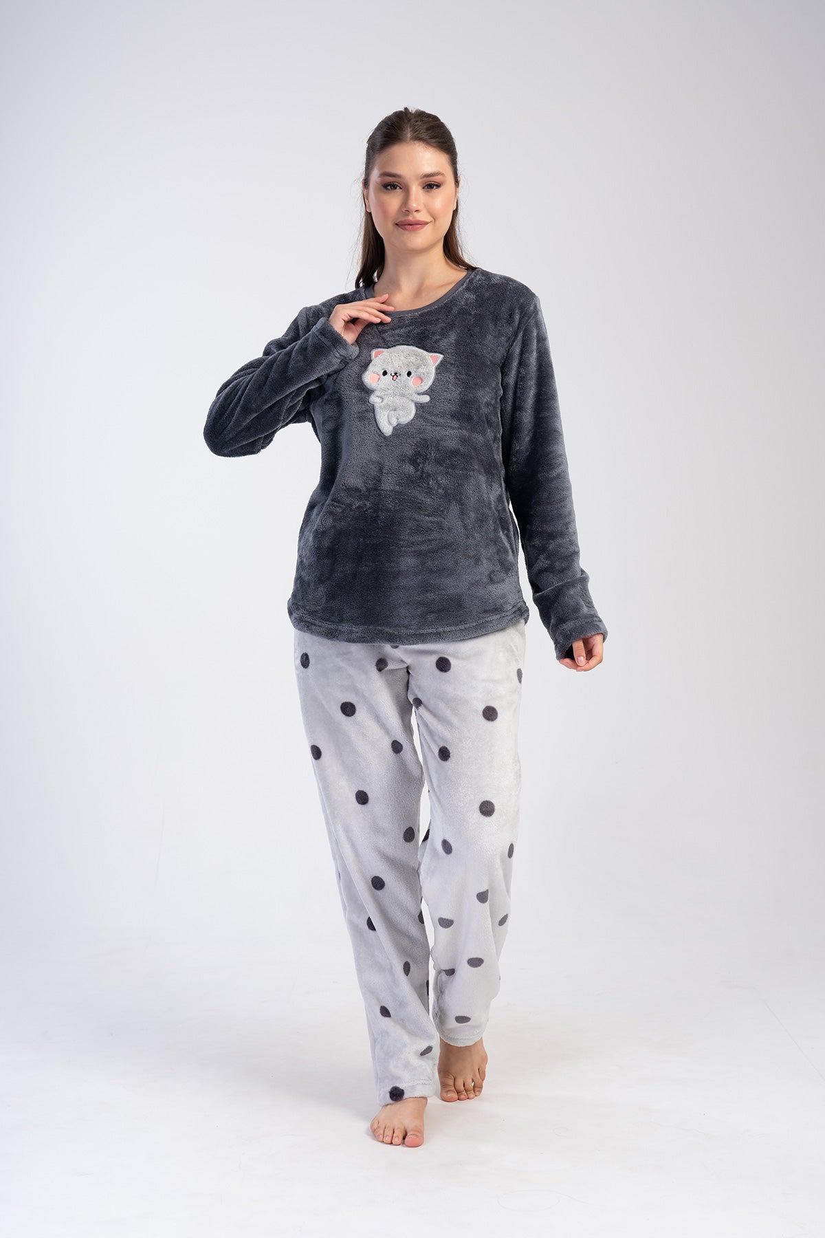 Set de pijamale de damă, moale, XXL, cu guler rotund, mânecă lungă, tiv oval și buzunare - Gri Fumuriu