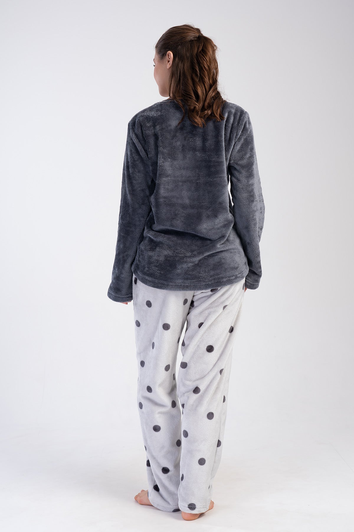 Set de pijamale de damă, moale, XXL, cu guler rotund, mânecă lungă, tiv oval și buzunare - Gri Fumuriu