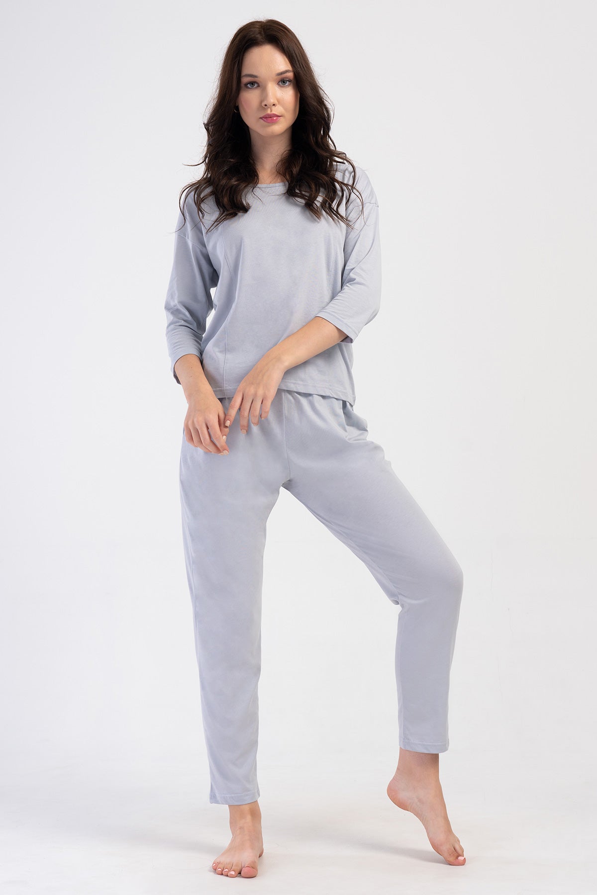 Kadın Penye Süprem O Yaka Düşük Omuzlu 3/4kol Pileli Cepli Pijama Takım - Taş