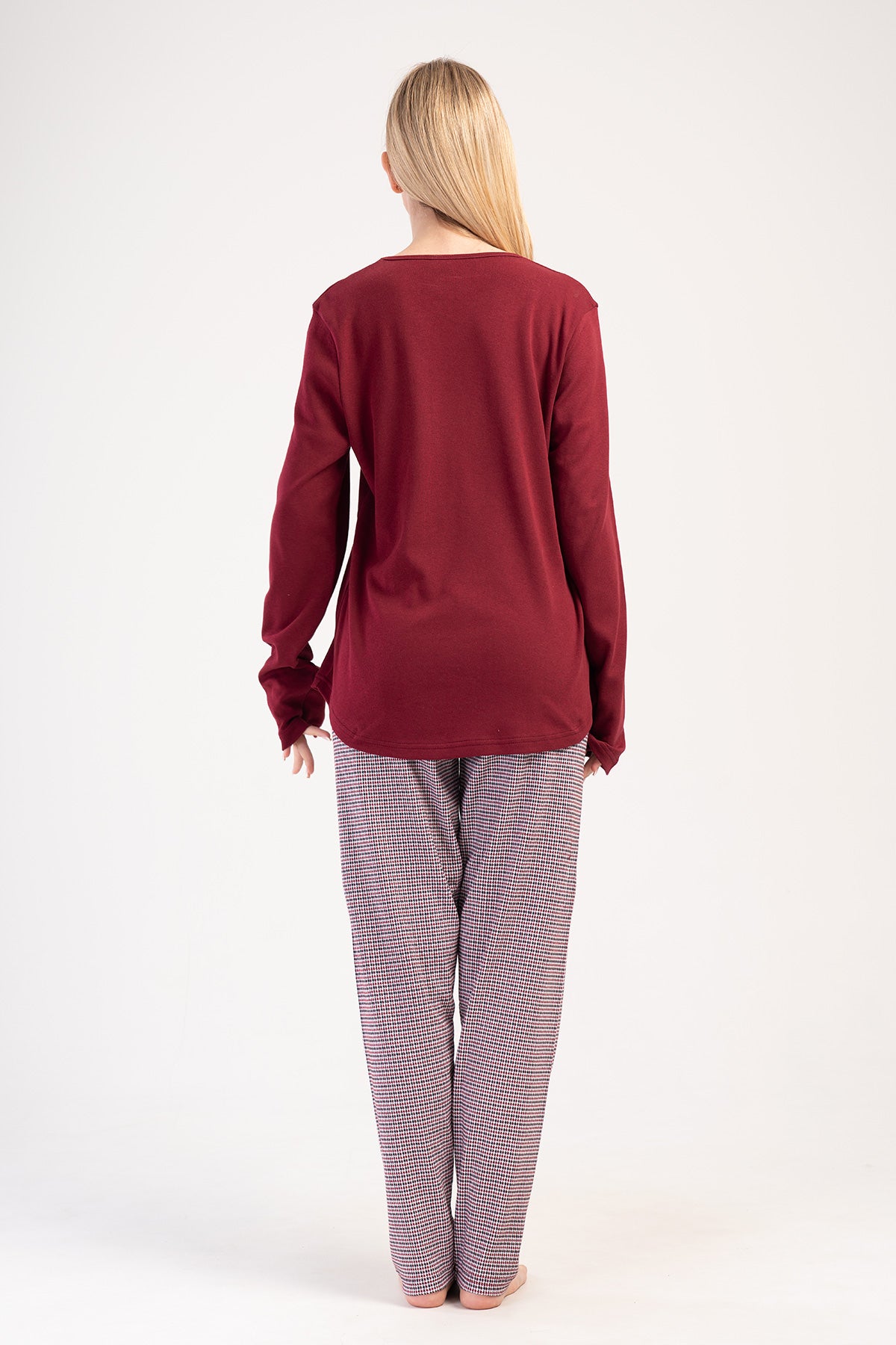 SET PIJAMALE DAMA INTERLOCK XXL GULER ROTUND MANECA LUNGA TIV OVAL - BORDO