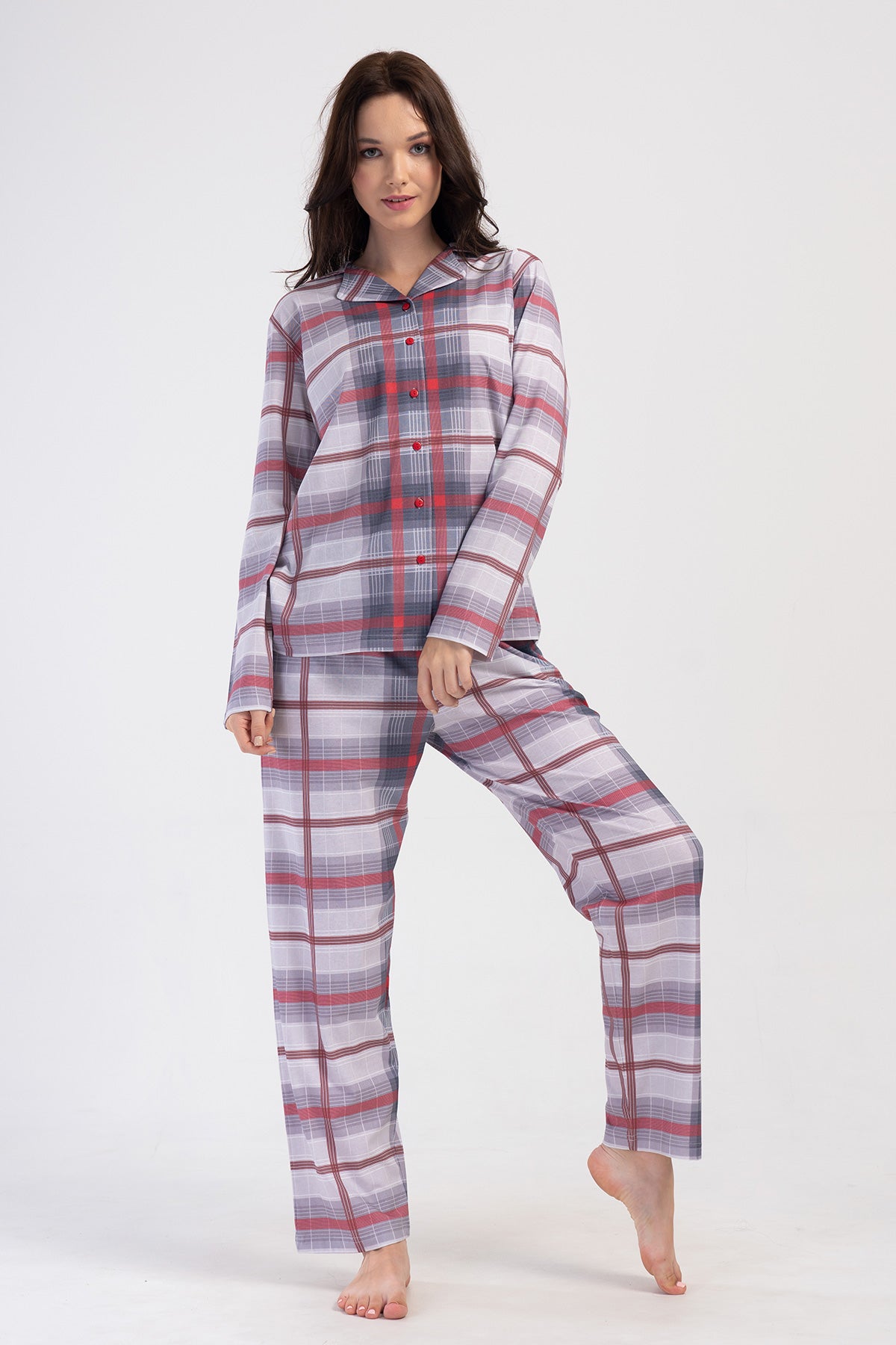 PIJAMALE DE DAMĂ P.SUPREM XXL, CĂMAȘĂ CU GULER, CU NASTURI PE TOATĂ LUNGIMEA, MÂNECĂ LUNGĂ, TIV OVAL, CU BUZUNARE - GRI