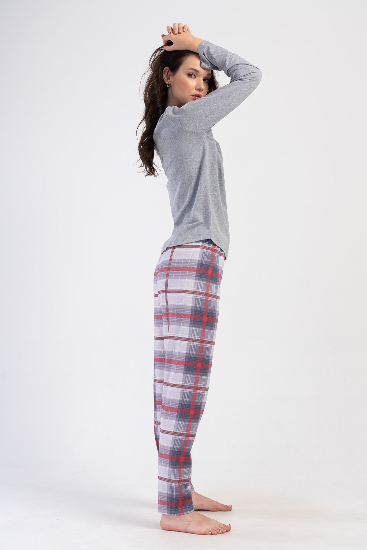 PIJAMA DE DAMĂ, MÂNECĂ LUNGĂ, GULER ROTUND, CU DANTELĂ OVALĂ, SUPREM XXL - GRI MELANJ