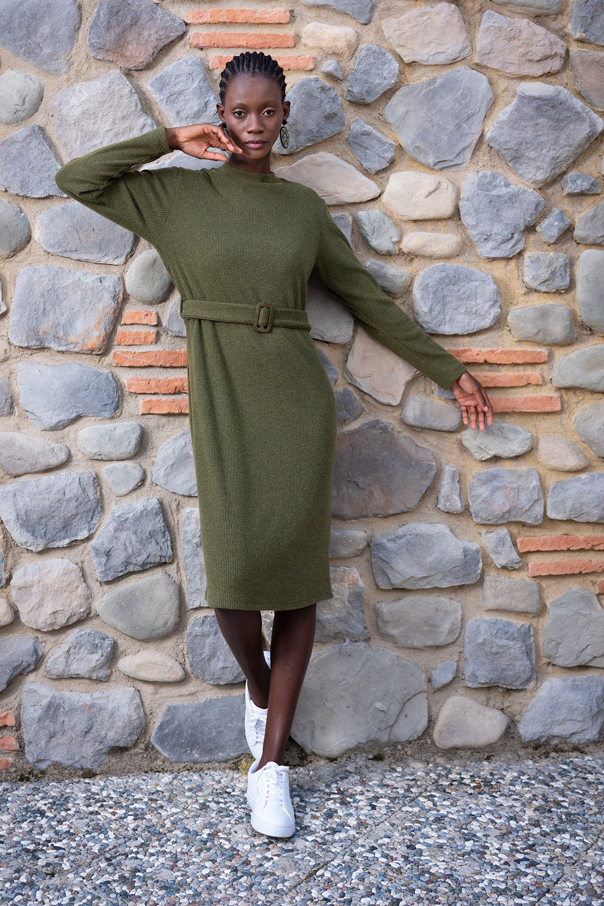 ROCHIE DAMĂ ELASTICĂ, CU MÂNECĂ LUNGĂ, GULER PE JUMĂTATE RULAT, TIP LYC CASCORSE – KAKI