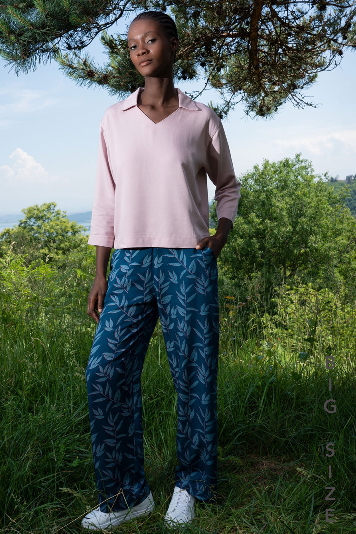 COSTUM PANTALON FEMEI VISCOZĂ XXL CĂMAȘĂ GULER ÎN V MÂNECĂ 7/8 BUZUNARE - ROZ