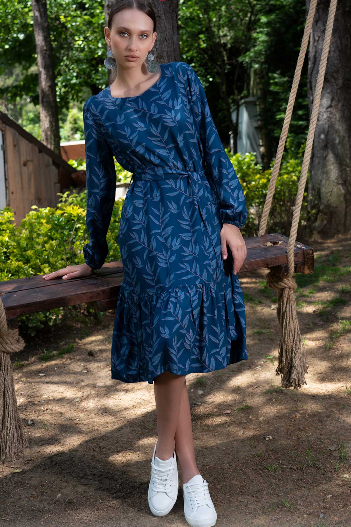 ROCHIE DAMĂ VISCOZĂ GULER BĂRCUȚĂ MÂNECĂ LUNGĂ CU VOLANE - BLEUMARIN ÎNCHIS