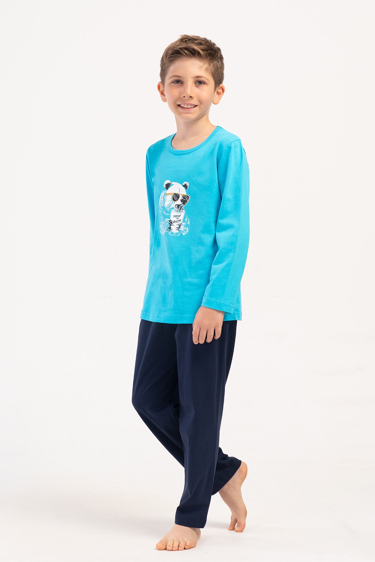 SET PIJAMA CU MÂNECĂ LUNGĂ, GULER ROTUND, CU BUZUNARE P.SUPREM BĂIEȚI (9/10-15/16) - TURCOAZ