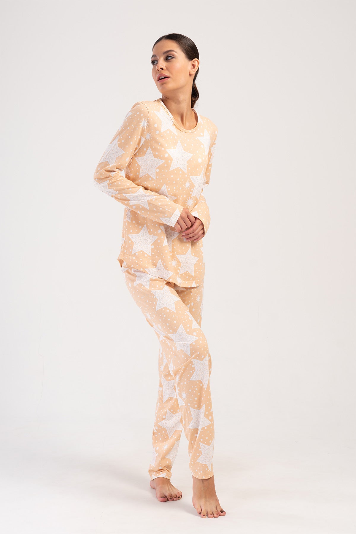 Pijama de damă cu guler rotund și mânecă lungă, cu tiv oval - BABY PINK