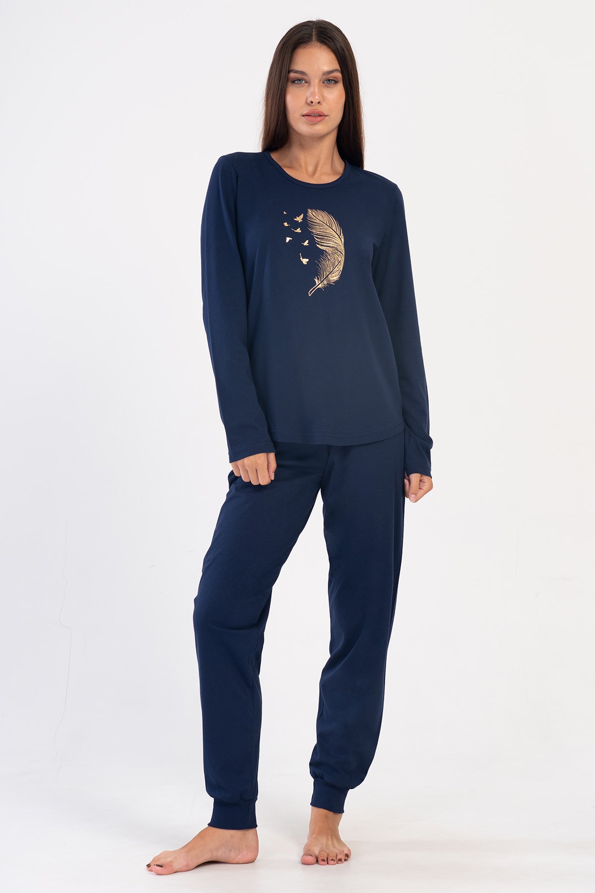 SET PIJAMALE FEMEI P.SUPREM XXL, Guler Rotund, Mânecă Lungă, Tiv Oval, Cu Manșete - BLEUMARIN
