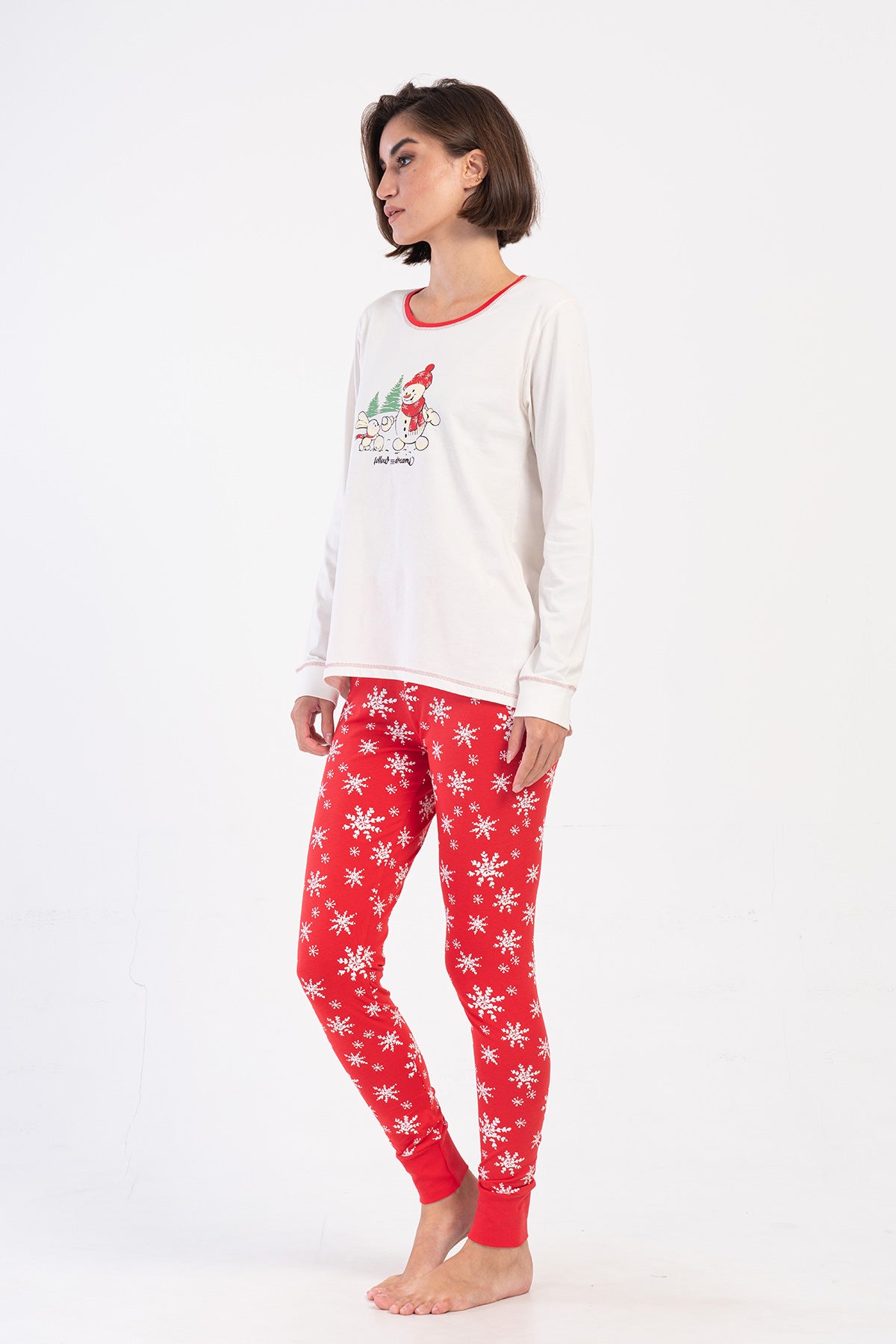 Pijama din două piese pentru femei, din lycra, cu guler rotund, mânecă lungă, top scurt în față și lung în spate, cu manșete și colanți - Alb Murdar