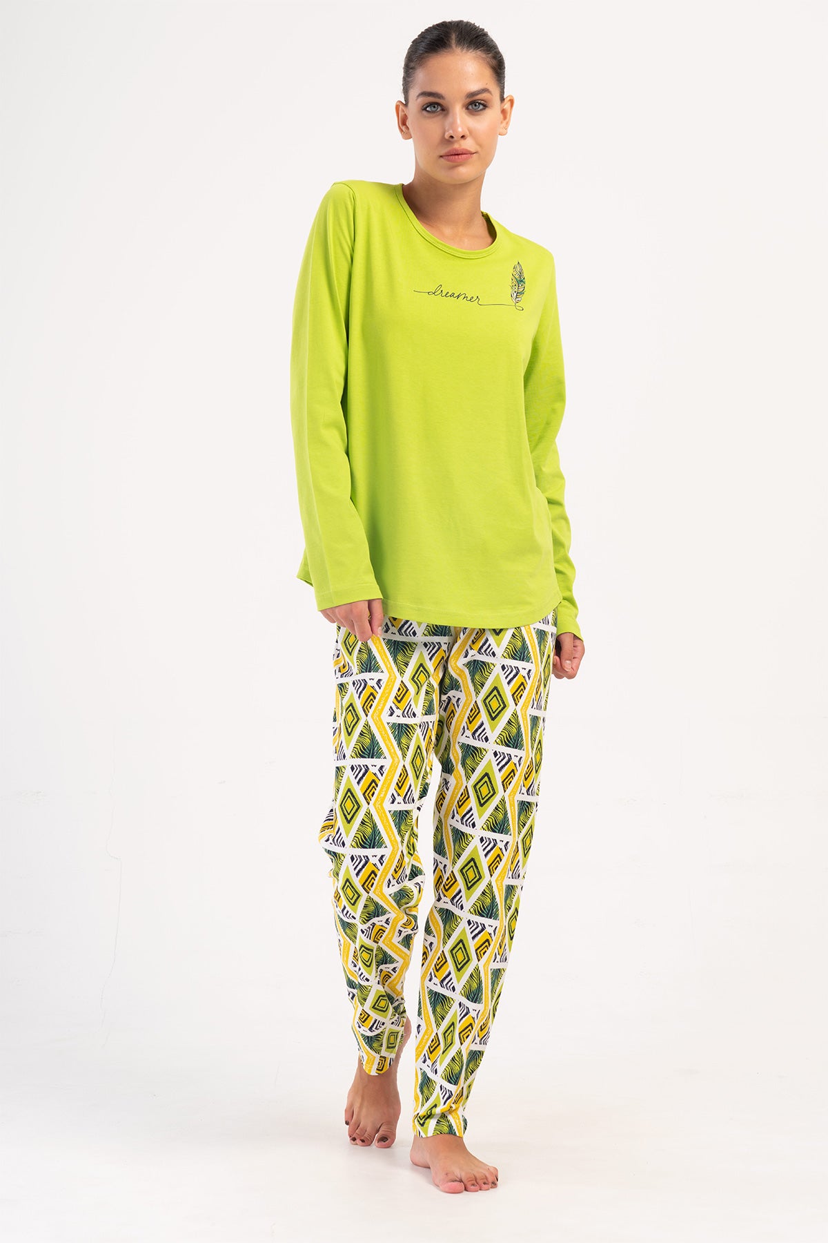 Pijama damă P.SUPREM XXL, cu guler rotund, mânecă lungă, pantaloni ovali - VERDE
