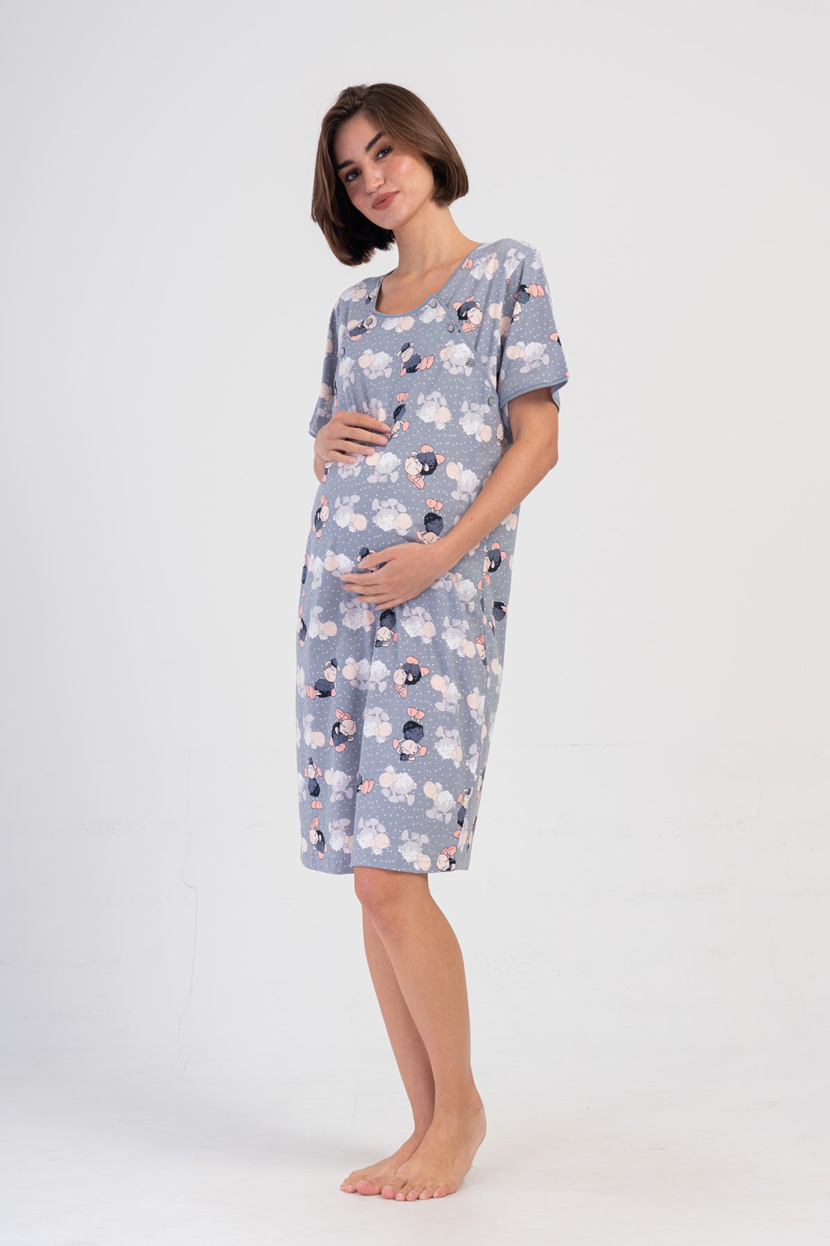 SET TUNICA GRAVIDE DAMA P.SUPREM CU MÂNECĂ SCURTĂ CU DOUĂ RÂNDURI DE NASTURI + HALAT CU MÂNECĂ 3/4 ȘI BUZUNARE - BABY PINK