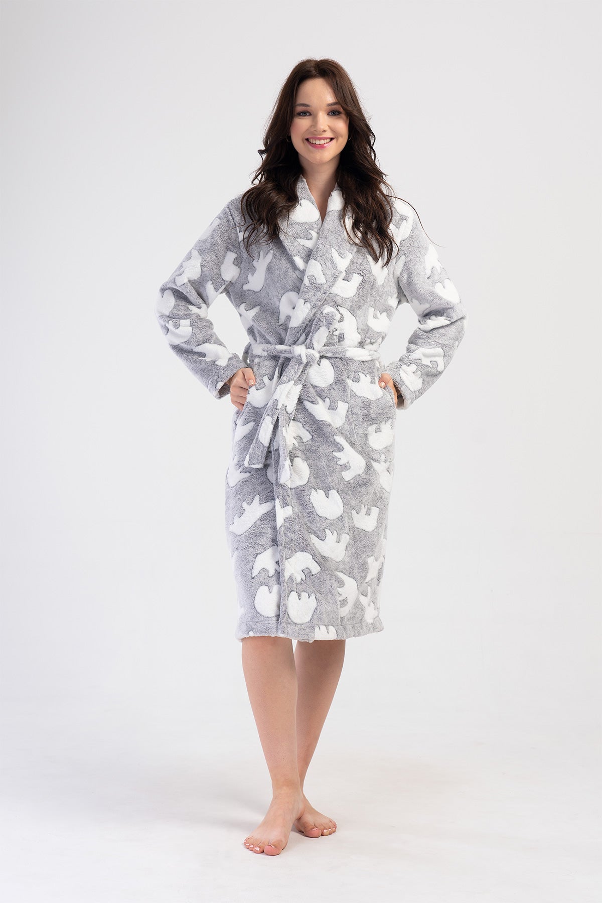 ROBĂ DE CASĂ DAMĂ, CU GULER ȘAL, MÂNECĂ LUNGĂ, BUZUNARE LUNGI, DIN MATERIAL ULTRASOFT - GRI MELANGE