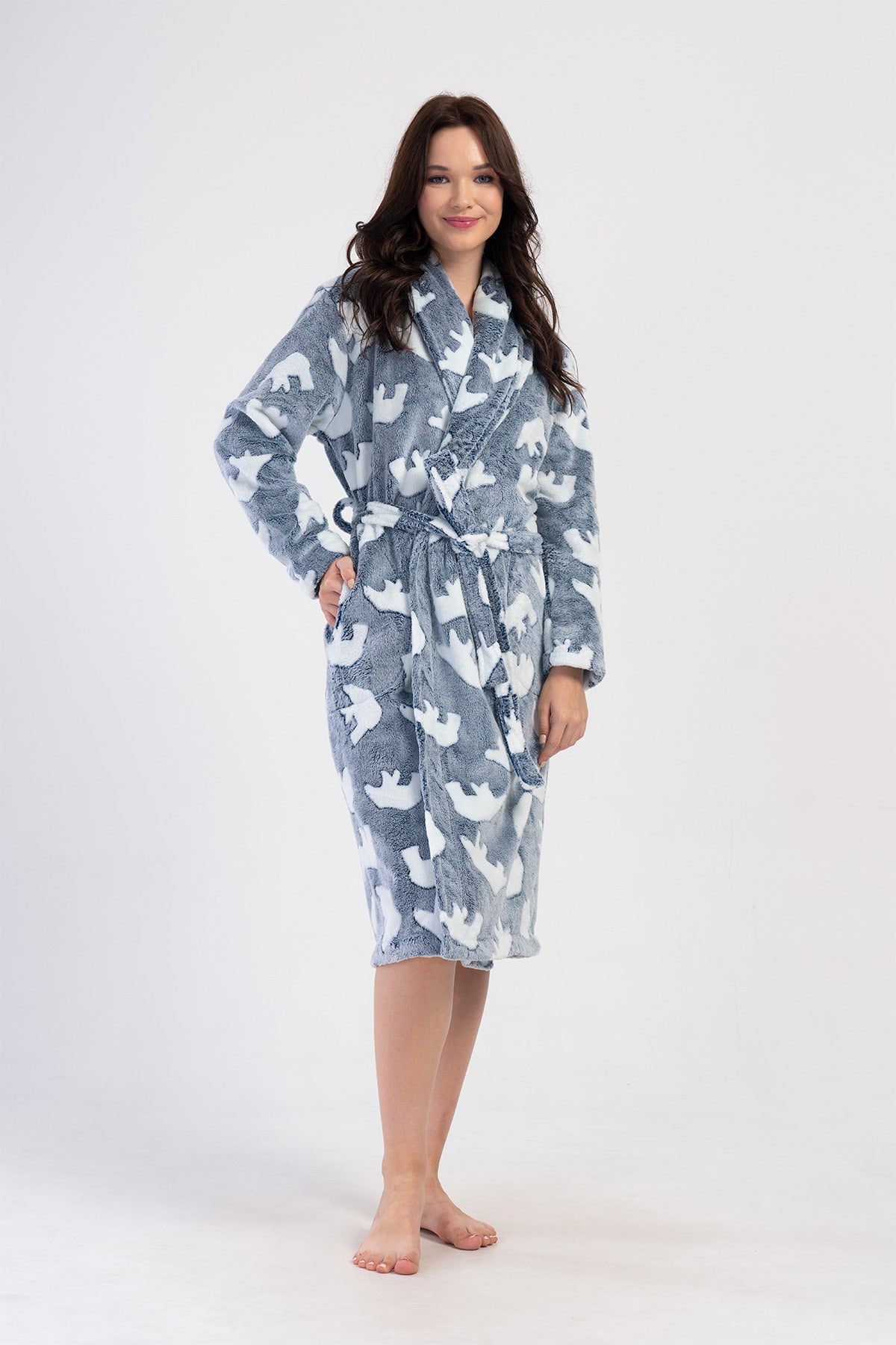 Halat de damă J.ULTRASOFT cu guler șal, mâneci lungi, buzunare lungi - INDIGO
