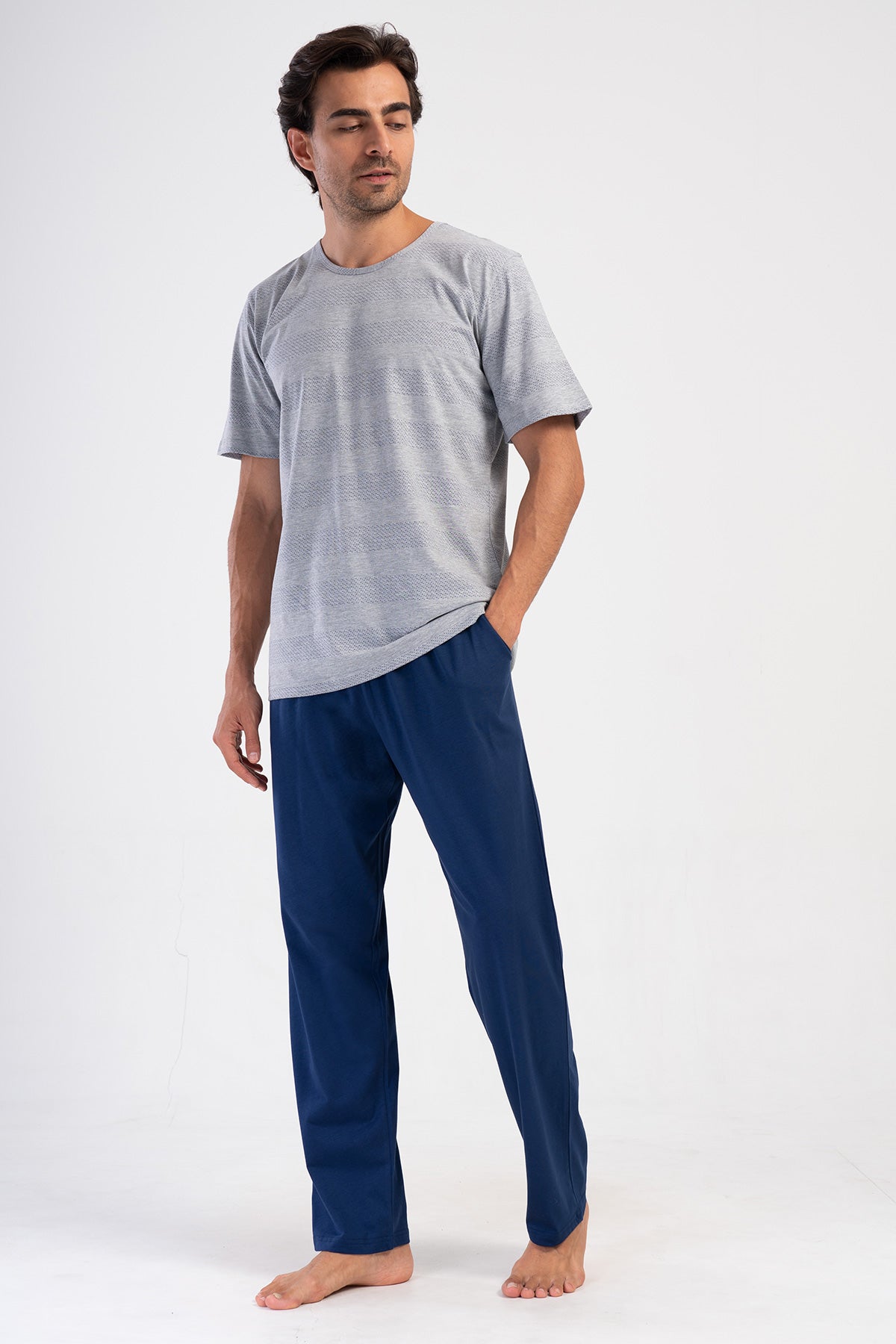 Pijama bărbătească, gât rotund, mânecă scurtă, cu buzunare, P.SUPREM XXL - GRI MELANJ