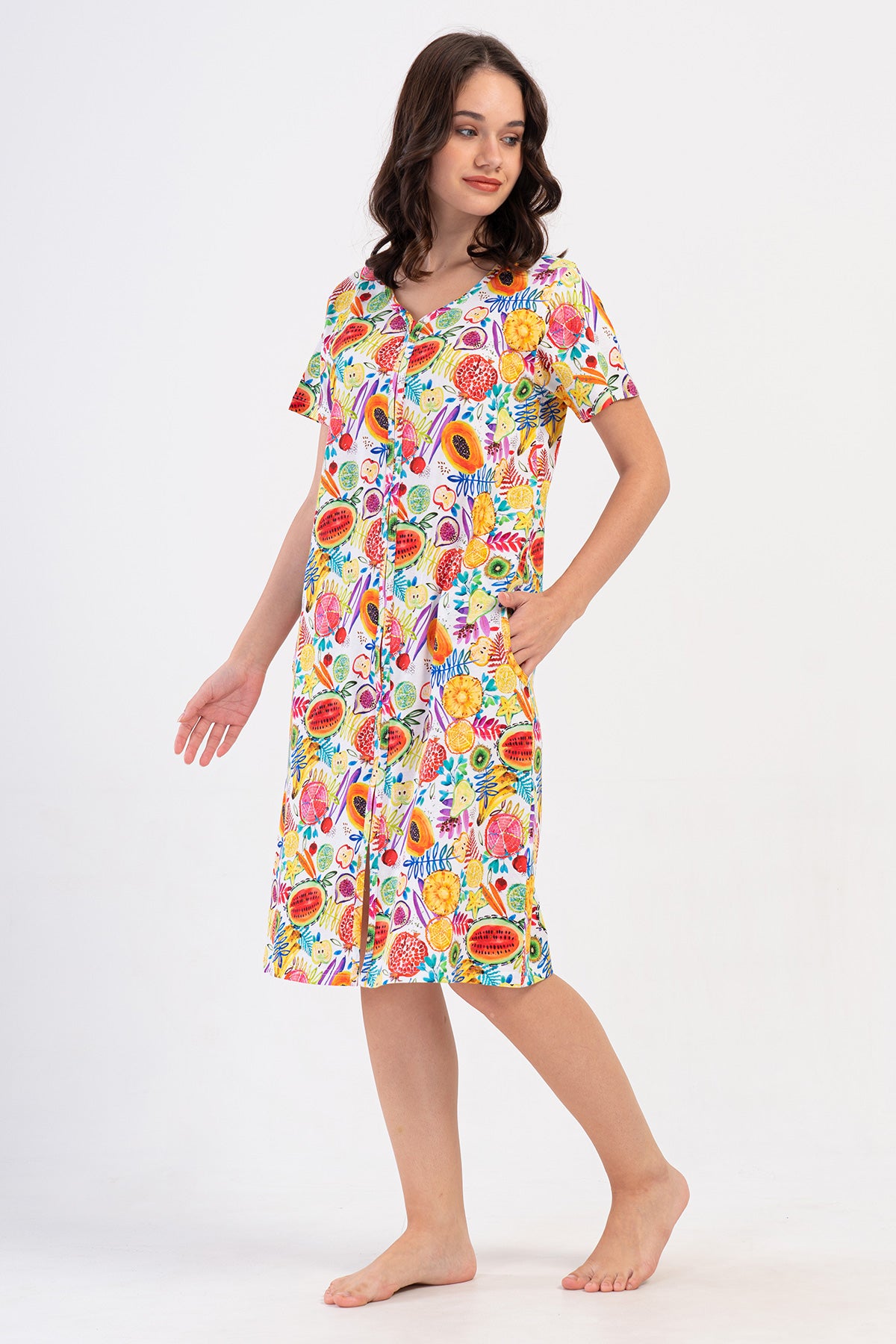 ROCHIE DE CASĂ DE DAMĂ P.SUPREM, CU MÂNECĂ SCURTĂ, FERMOAR ȘI BUZUNARE - GALBEN