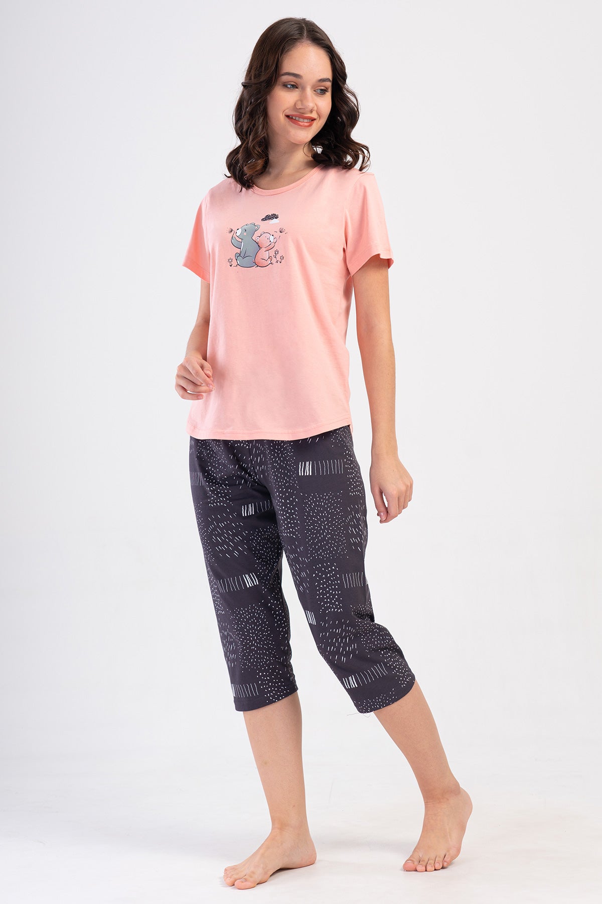 SET CAPRI CU FUSTĂ OVALĂ, MÂNECĂ SCURTĂ, GÂT ROTUND, SUPREMĂ, PENTRU FEMEI - BABY PINK