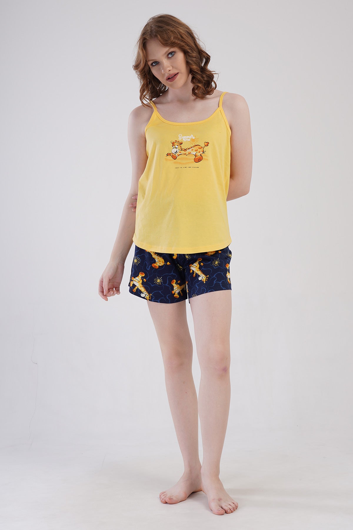 FEMEI COSTUM DE BAIE DUPĂ GÂT CU PANTALONI SCURȚI ȘI FUSTĂ OVALĂ - GALBEN