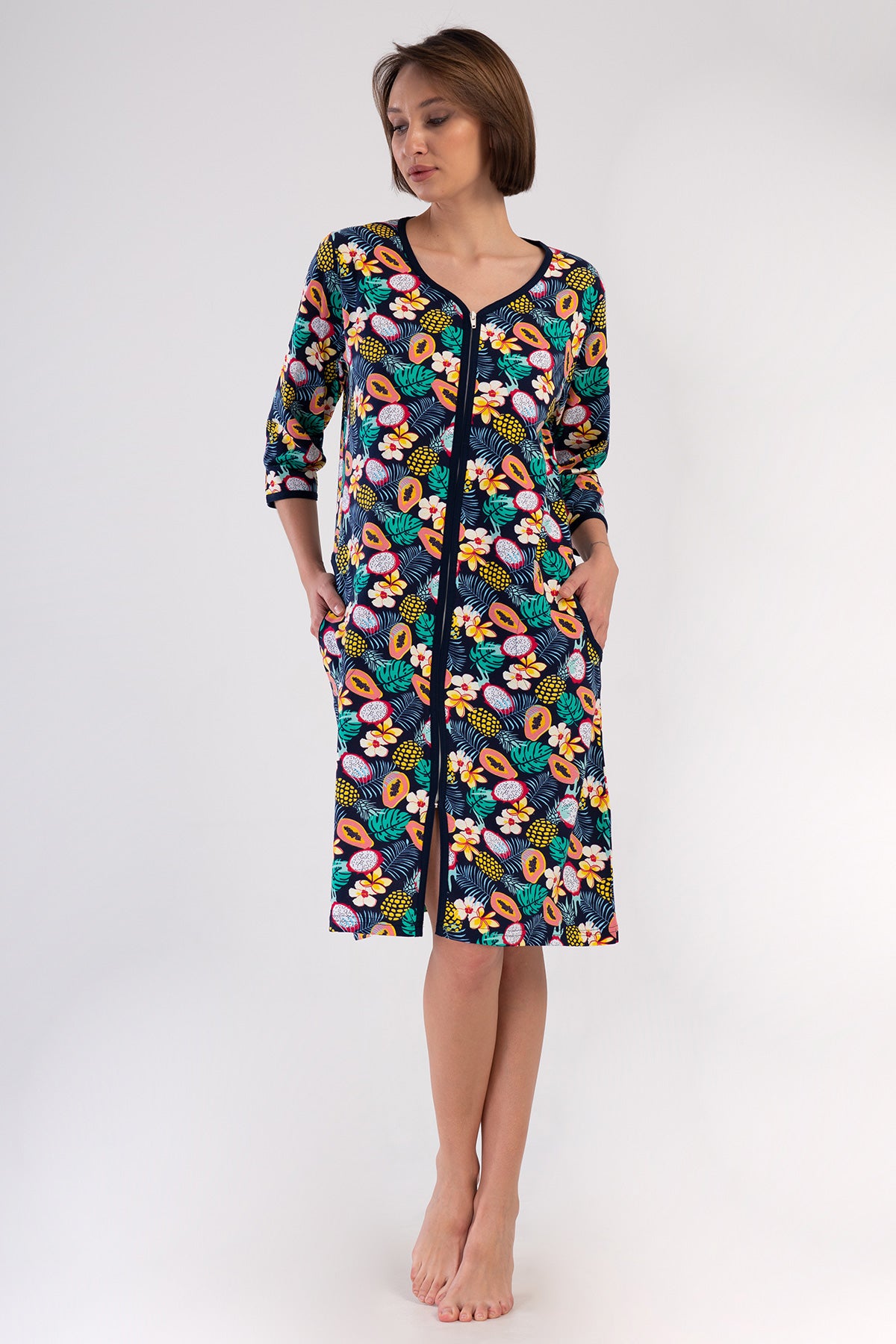 ROCHIE DE CASĂ DE DAMĂ P.SUPREM MĂRIMEA XXL, CU MÂNECĂ 3/4, CU FERMOAR ȘI BUZUNARE - BLEUMARIN ÎNCHIS