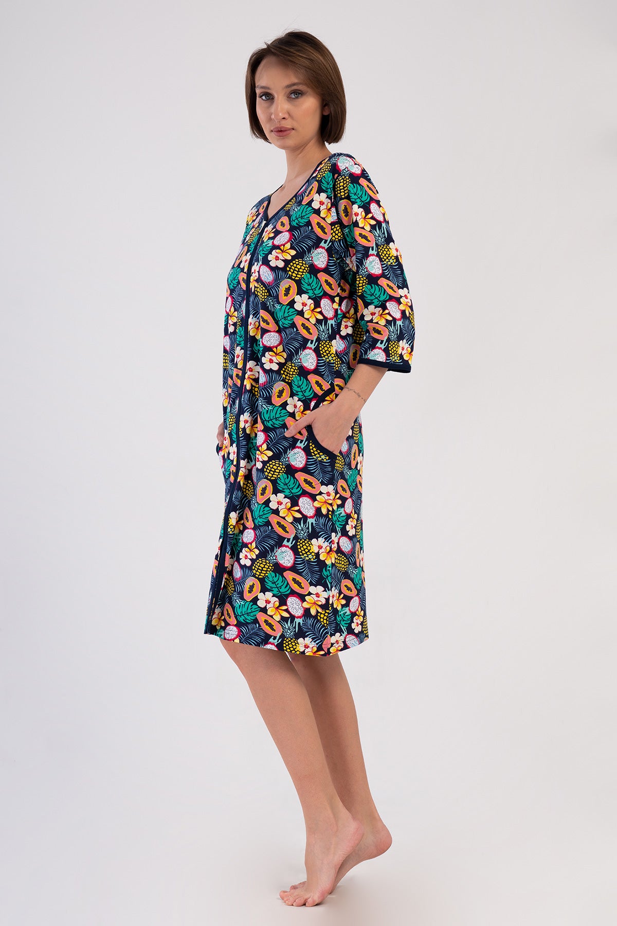 ROCHIE DE CASĂ DE DAMĂ P.SUPREM MĂRIMEA XXL, CU MÂNECĂ 3/4, CU FERMOAR ȘI BUZUNARE - BLEUMARIN ÎNCHIS